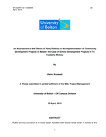 An assessment of the effects of party politics on the implementation of community development projects in Malawi: the case of school development projects in TA Kwataine Ntcheu.