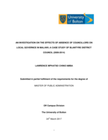 An investigation on the effects of absence of councilors on local governance in Malawi; a case study of Blantyre district council (2009-2014)