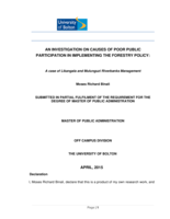 An investigation on causes of poor public participation in implementing the forestry policy : A case of Likangala and Mulunguzi riverbanks management.