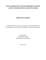 Critical examination of facilities management in housing : A study of housing estates in Lagos State, Nigeria