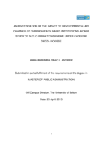 An investigation of the impact of developmental aid channeled through faith based institutions : a case study of Njolo irrigation scheme under Cadecom Dedza Diocese
